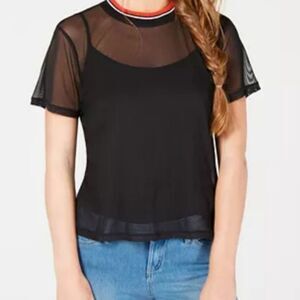 🩵Ultra Flirt Black Sheer Cropped Short Sleeve Top Large